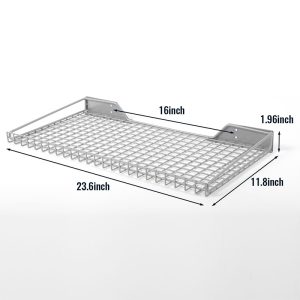 Wall-mounted metal grid shelf for storage items in the garage