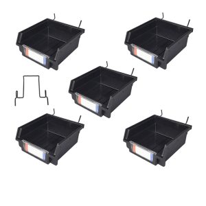 Plastic storage box with slanting parts hanging on the back of the hole board