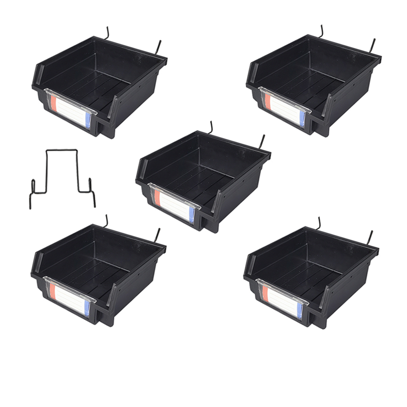 Plastic storage box with slanting parts hanging on the back of the hole board