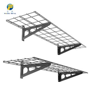 Floating storage shelf with metal mesh surface for garage