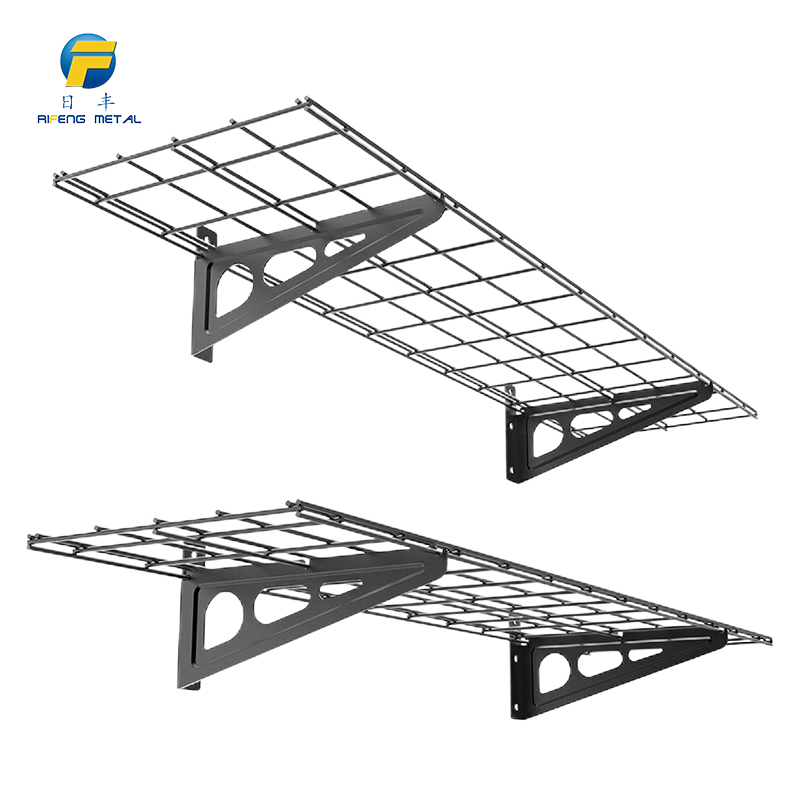 Floating storage shelf with metal mesh surface for garage