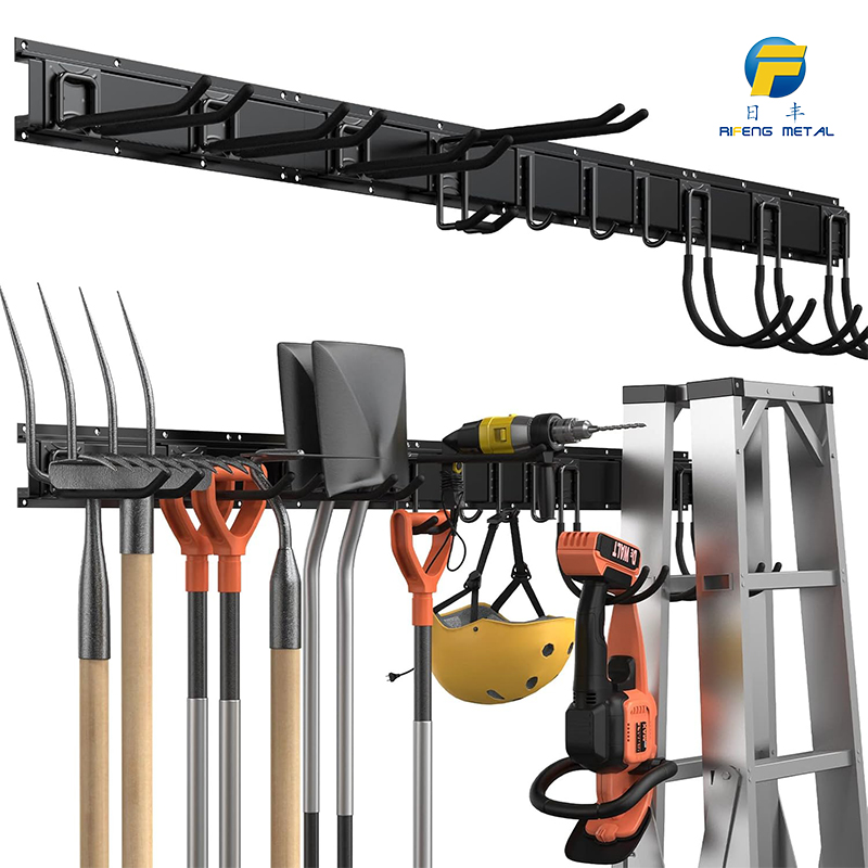 Wall-mounted tool storage rack, heavy-duty steel garden tool organizer shelf