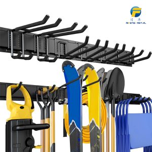 Wall-mounted garage tool organizer for garden tools, shovels, trimmers storage