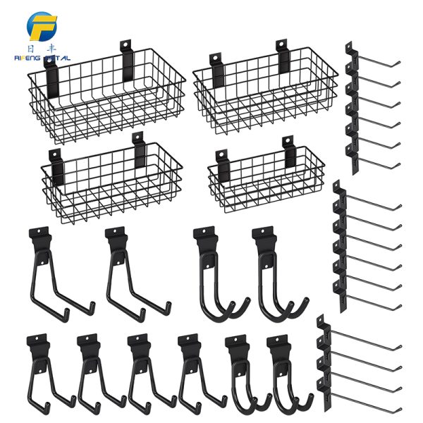 Slatwall hooks，garage organizing rack and metal slatwall baskets