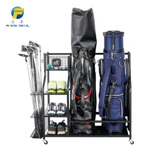 Golf bag storage rack with wheels, for garage organization