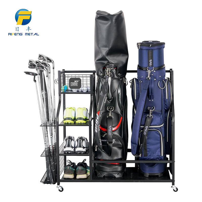 Golf bag storage rack with wheels, for garage organization