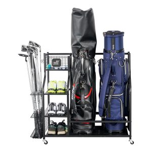 Golf bag storage rack with wheels, for garage organization