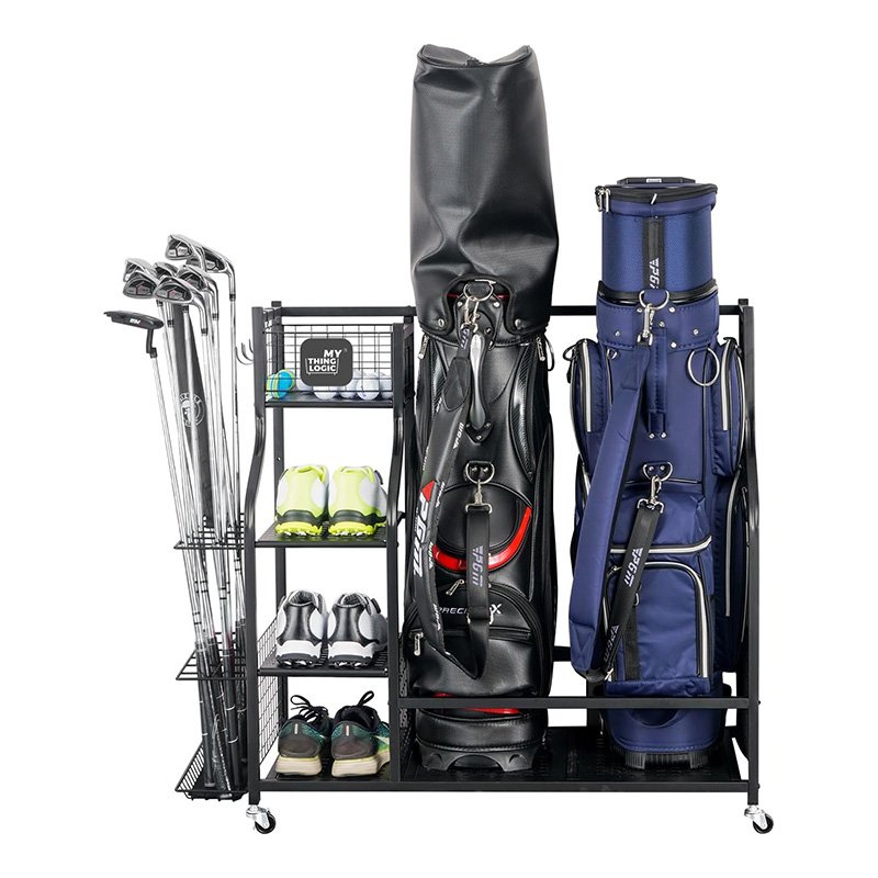 Golf bag storage rack with wheels, for garage organization