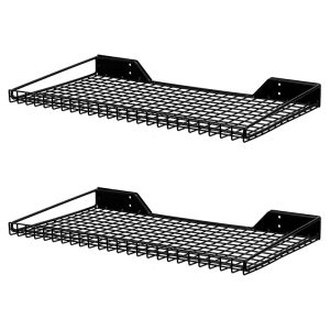 Wall-mounted metal grid shelf for storage items in the garage