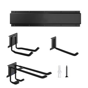 Wall-mounted garage tool organizer for garden tools, shovels, trimmers storage