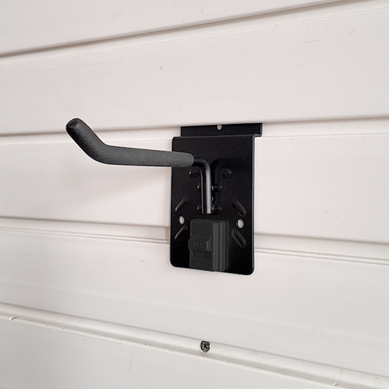 Slatwall four inch single hook, for storing garden lawn mowers and brush cutters