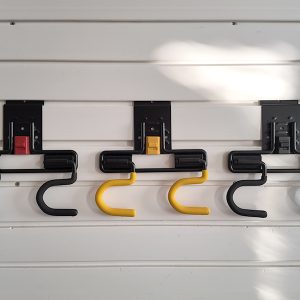 Wall mounted dual S hooks, for household storage of brooms and mops