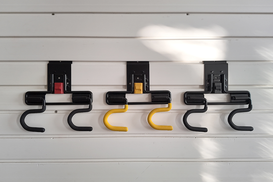 Wall mounted dual S hooks, for household storage of brooms and mops