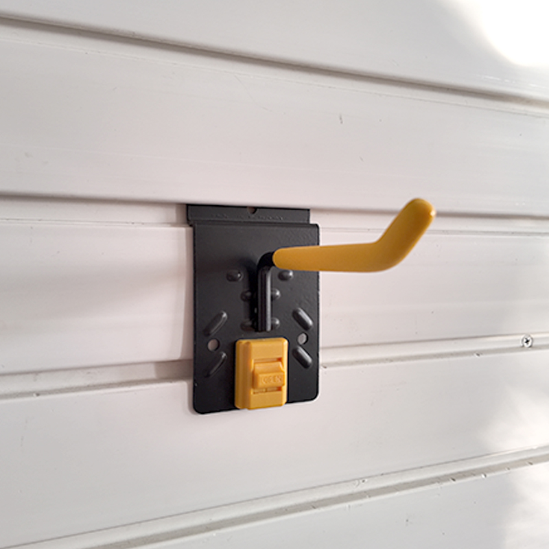 Slatwall four inch single hook, for storing garden lawn mowers and brush cutters