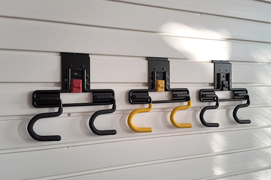Wall mounted dual S hooks, for household storage of brooms and mops