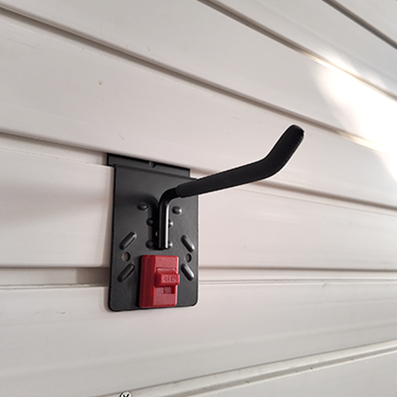 Slatwall four inch single hook, for storing garden lawn mowers and brush cutters