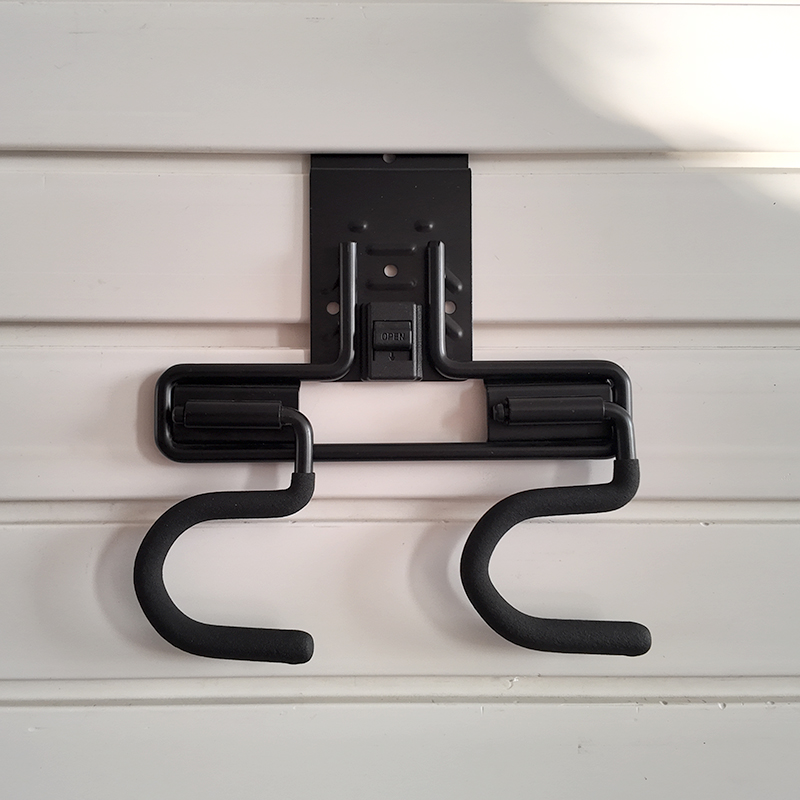 Wall mounted dual S hooks, for household storage of brooms and mops