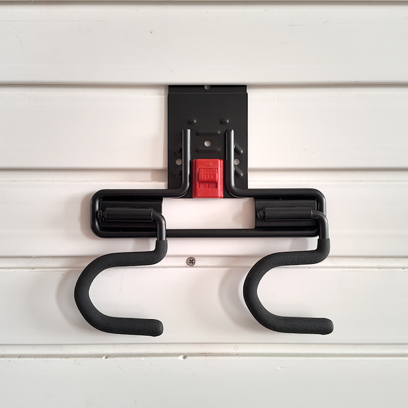 Wall mounted dual S hooks, for household storage of brooms and mops