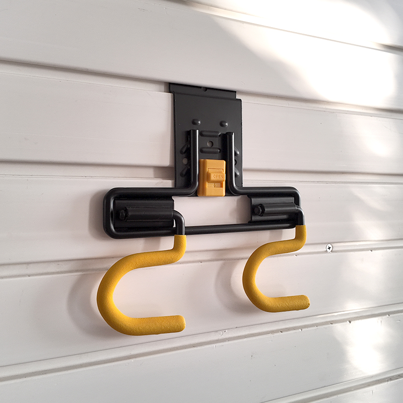 Wall mounted dual S hooks, for household storage of brooms and mops