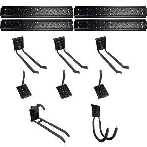 Multi functional hook combination for storing gardening tools on garden walls