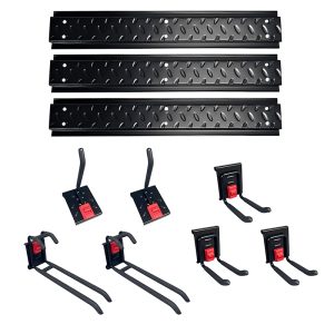 Seven hook and three plate locking hook combination, for storing helmets and power tools