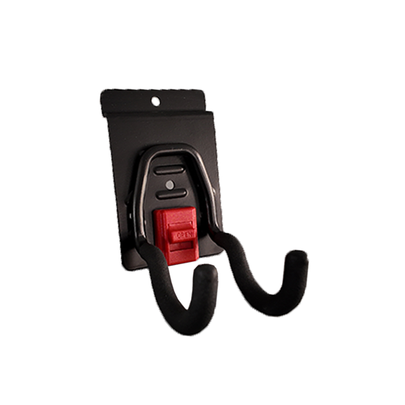 The small round hook on Slatwall is used for small electric tools in garages